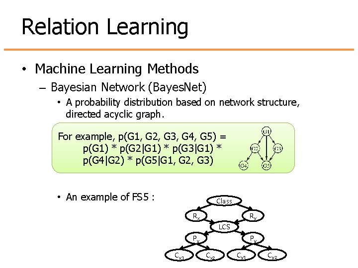 Relation Learning • Machine Learning Methods – Bayesian Network (Bayes. Net) • A probability Relation Learning • Machine Learning Methods – Bayesian Network (Bayes. Net) • A probability