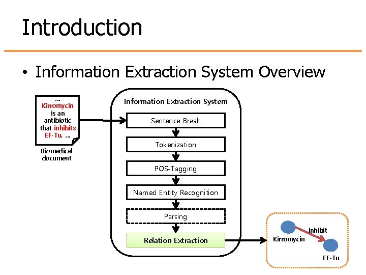 Introduction • Information Extraction System Overview … Kirromycin is an antibiotic that inhibits EF-Tu. Introduction • Information Extraction System Overview … Kirromycin is an antibiotic that inhibits EF-Tu.