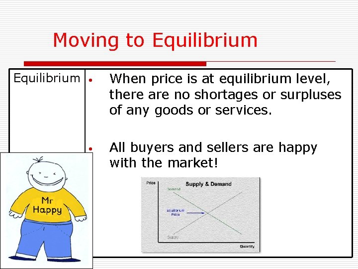 Moving to Equilibrium • When price is at equilibrium level, there are no shortages