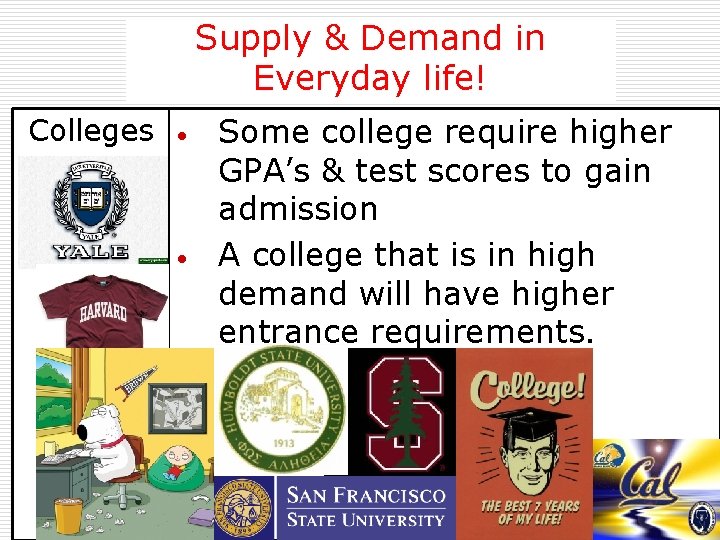 Supply & Demand in Everyday life! Colleges • • Some college require higher GPA’s
