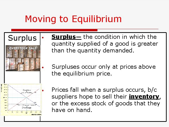 Moving to Equilibrium Surplus • Surplus— the condition in which the quantity supplied of