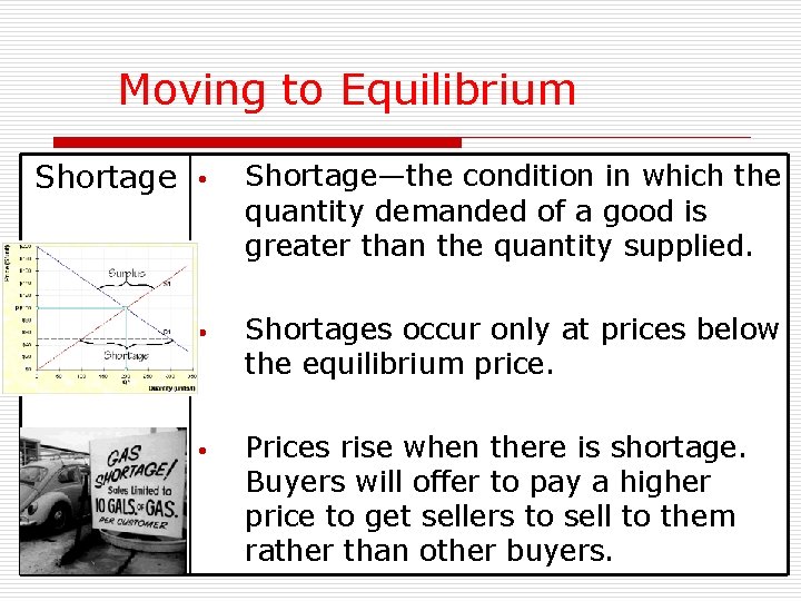 Moving to Equilibrium Shortage • Shortage—the condition in which the quantity demanded of a