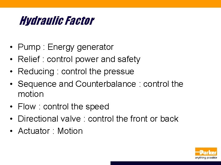 Hydraulic Factor • • Pump : Energy generator Relief : control power and safety