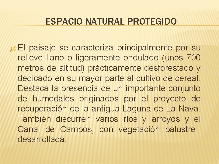 ESPACIO NATURAL PROTEGIDO El paisaje se caracteriza principalmente por su relieve llano o ligeramente