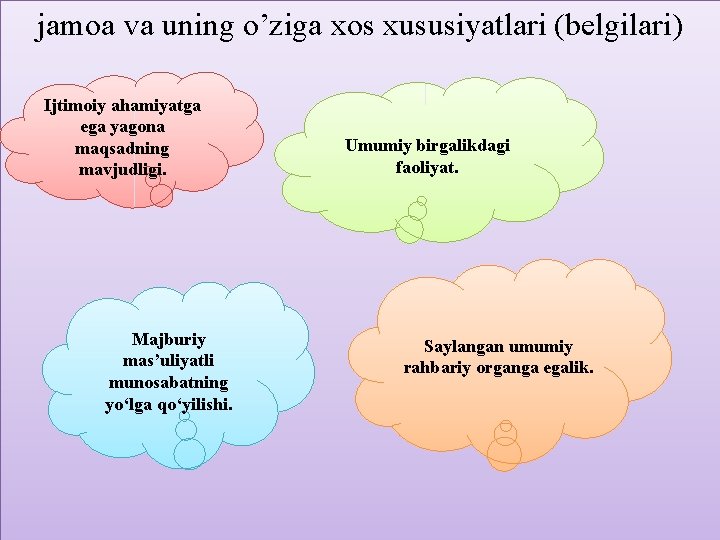 jamoa va uning o’ziga xos xususiyatlari (belgilari) Ijtimoiy ahamiyatga ega yagona maqsadning mavjudligi. Majburiy