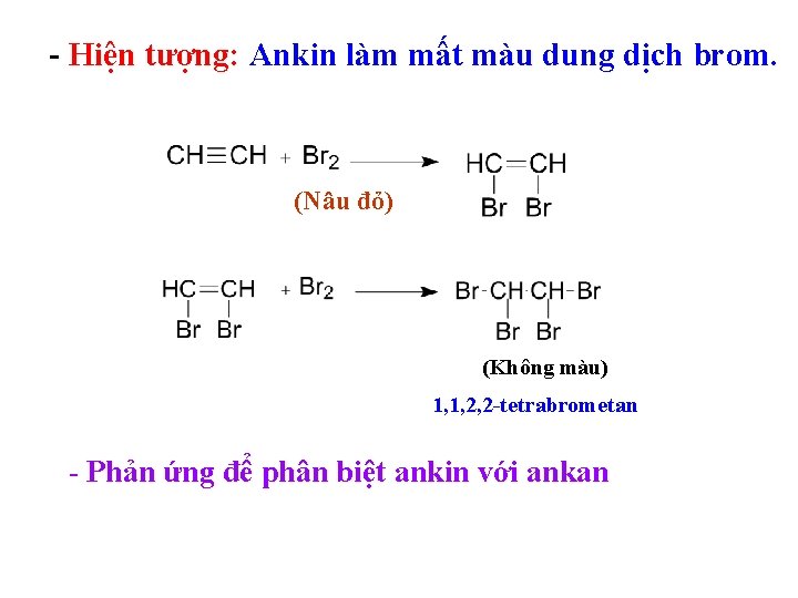 - Hiện tượng: Ankin làm mất màu dung dịch brom. (Nâu đỏ) (Không màu)