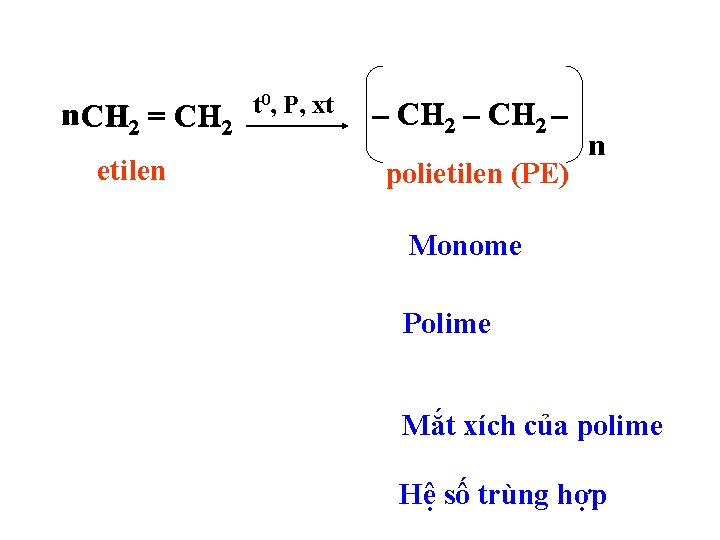 n CH 2 = CH 2 etilen t 0, P, xt – CH 2