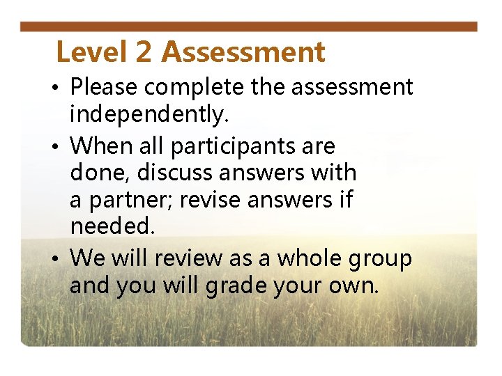 Level 2 Assessment • Please complete the assessment independently. • When all participants are