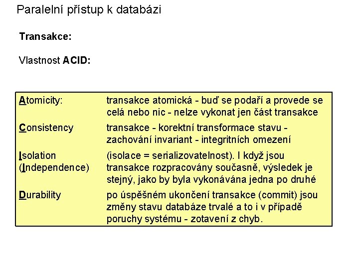 Paralelní přístup k databázi Transakce: Vlastnost ACID: Atomicity: transakce atomická - buď se podaří