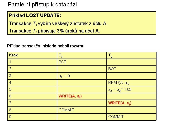 Paralelní přístup k databázi Příklad LOST UPDATE: Transakce T 1 vybírá veškerý zůstatek z