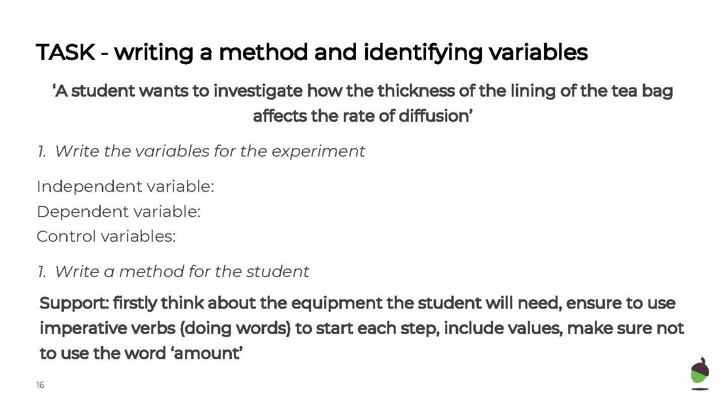 TASK - writing a method and identifying variables ‘A student wants to investigate how
