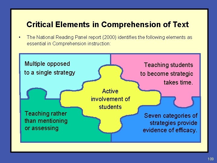 Critical Elements in Comprehension of Text • The National Reading Panel report (2000) identifies