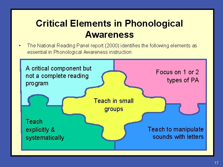 Critical Elements in Phonological Awareness • The National Reading Panel report (2000) identifies the
