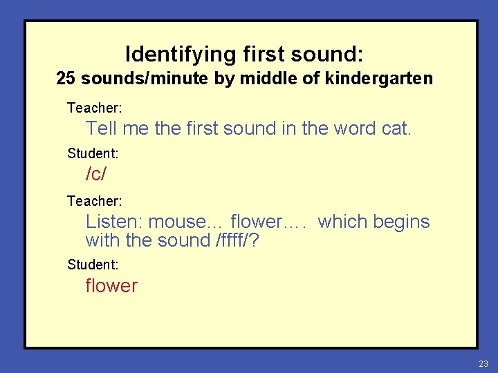 Identifying first sound: 25 sounds/minute by middle of kindergarten Teacher: Tell me the first