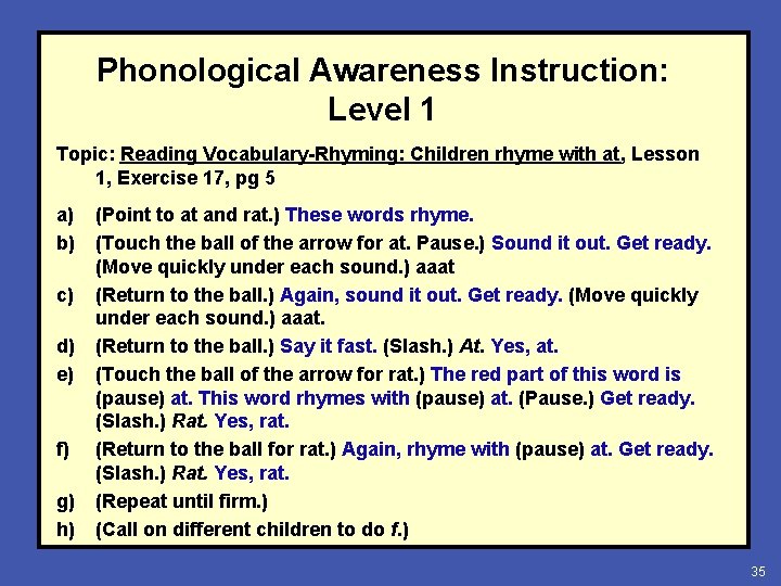 Phonological Awareness Instruction: Level 1 Topic: Reading Vocabulary-Rhyming: Children rhyme with at, Lesson 1,