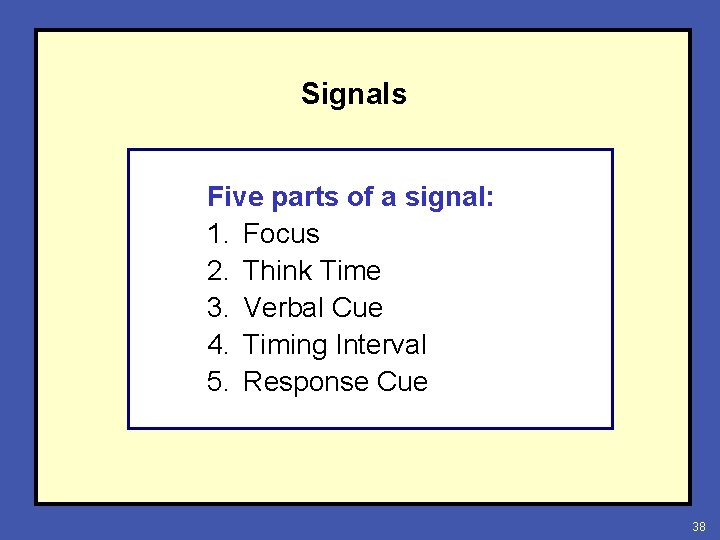 Signals Five parts of a signal: 1. Focus 2. Think Time 3. Verbal Cue