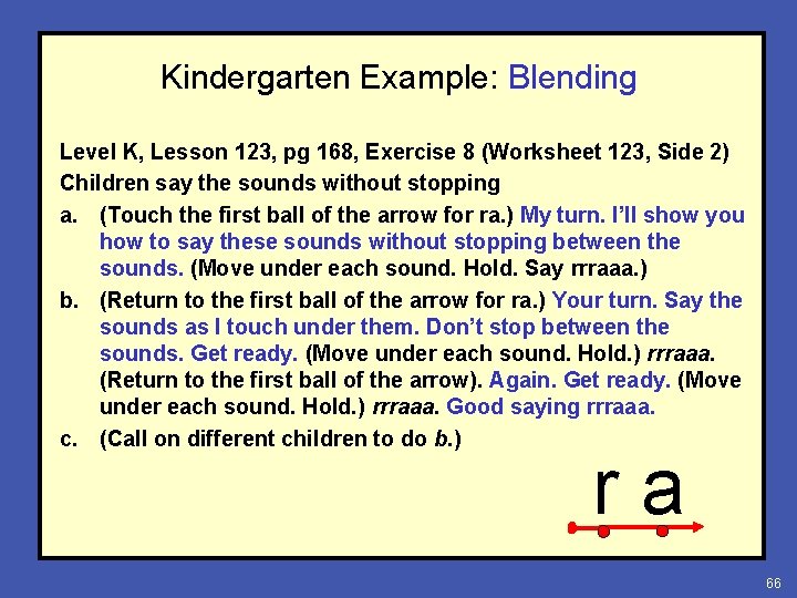 Kindergarten Example: Blending Level K, Lesson 123, pg 168, Exercise 8 (Worksheet 123, Side
