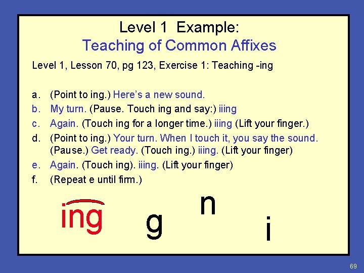 Level 1 Example: Teaching of Common Affixes Level 1, Lesson 70, pg 123, Exercise