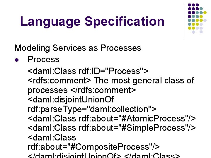 Language Specification Modeling Services as Processes l Process <daml: Class rdf: ID="Process"> <rdfs: comment>