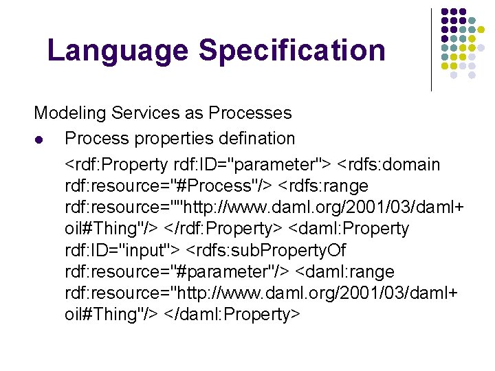 Language Specification Modeling Services as Processes l Process properties defination <rdf: Property rdf: ID="parameter">