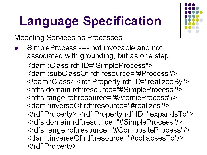 Language Specification Modeling Services as Processes l Simple. Process ---- not invocable and not