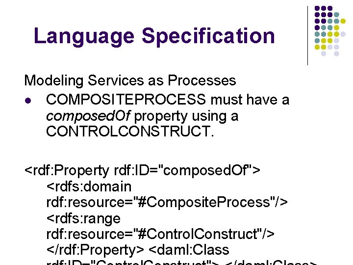 Language Specification Modeling Services as Processes l COMPOSITEPROCESS must have a composed. Of property