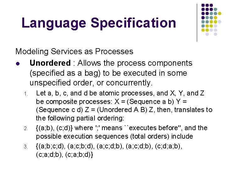 Language Specification Modeling Services as Processes l Unordered : Allows the process components (specified