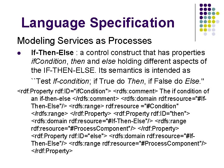 Language Specification Modeling Services as Processes l If-Then-Else : a control construct that has