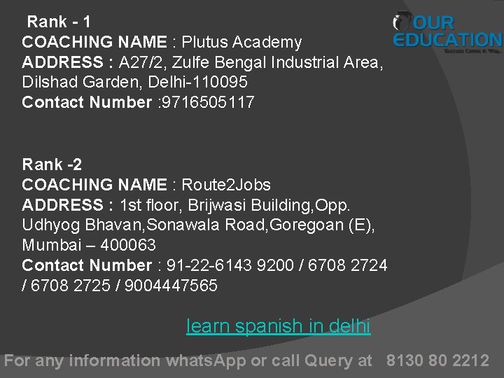 Rank - 1 COACHING NAME : Plutus Academy ADDRESS : A 27/2, Zulfe Bengal