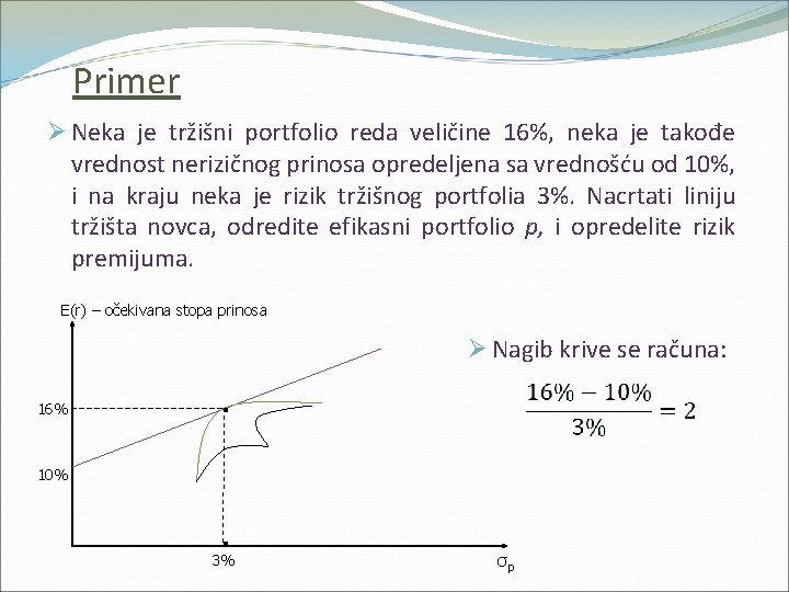 Primer Ø Neka je tržišni portfolio reda veličine 16%, neka je takođe vrednost nerizičnog