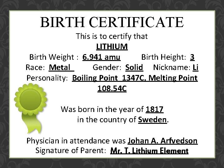 BIRTH CERTIFICATE This is to certify that LITHIUM Birth Weight : 6. 941 amu