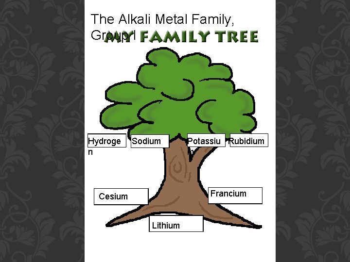 The Alkali Metal Family, Group I Hydroge n Sodium Potassiu Rubidium m Francium Cesium