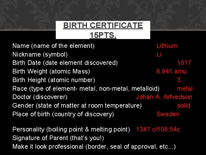 BIRTH CERTIFICATE 15 PTS. Name (name of the element) Lithium Nickname (symbol) Li Birth