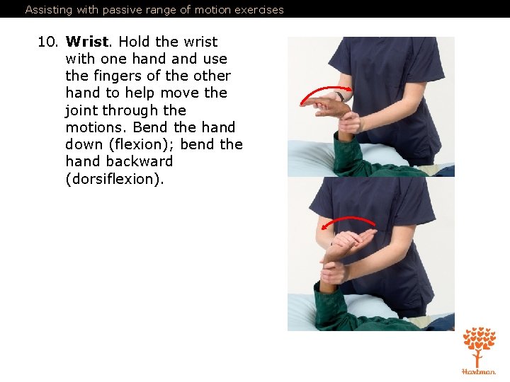 Assisting with passive range of motion exercises 10. Wrist. Hold the wrist with one