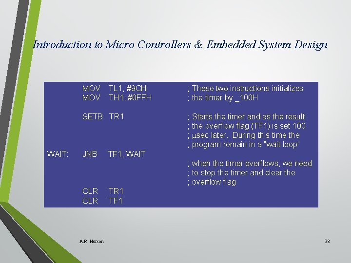 Introduction to Micro Controllers & Embedded System Design MOV TL 1, #9 CH TH