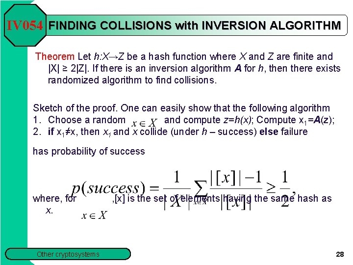 IV 054 FINDING COLLISIONS with INVERSION ALGORITHM Theorem Let h: X→Z be a hash