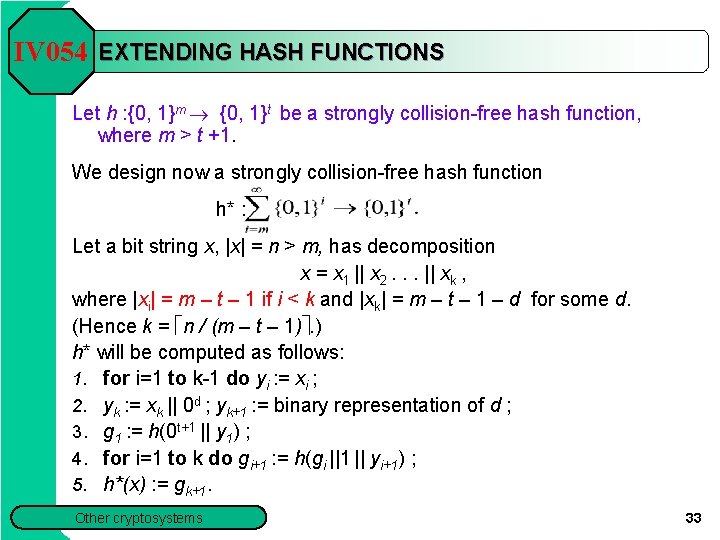 IV 054 EXTENDING HASH FUNCTIONS Let h : {0, 1}m {0, 1}t be a