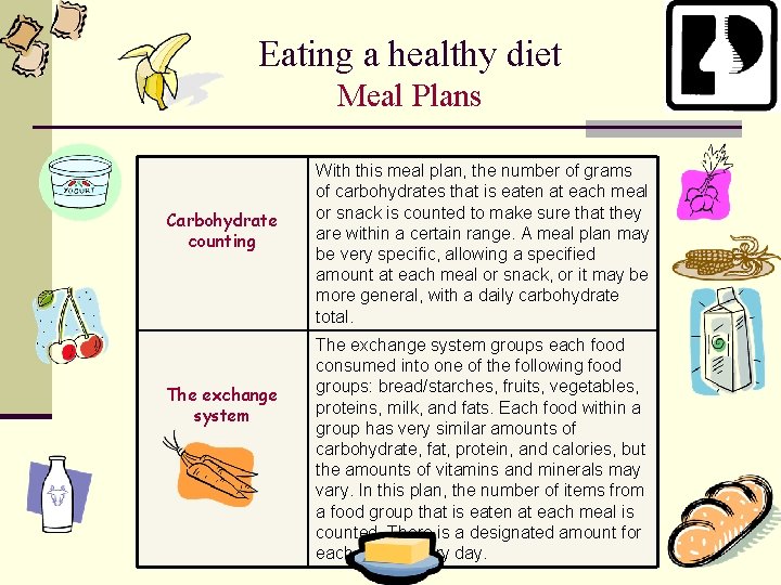 Eating a healthy diet Meal Plans Carbohydrate counting The exchange system With this meal