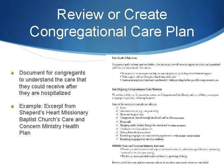 Review or Create Congregational Care Plan S Document for congregants to understand the care