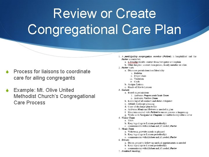 Review or Create Congregational Care Plan S Process for liaisons to coordinate care for