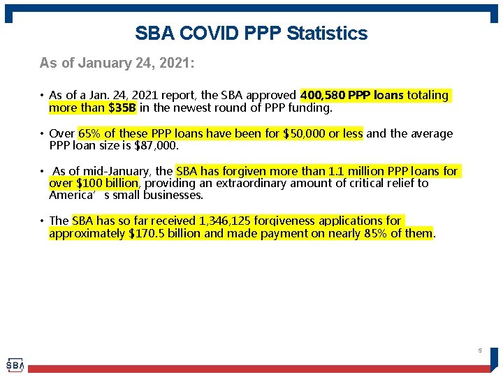 SBA COVID PPP Statistics As of January 24, 2021: • As of a Jan.