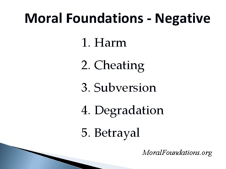 Moral Foundations - Negative 1. Harm 2. Cheating 3. Subversion 4. Degradation 5. Betrayal