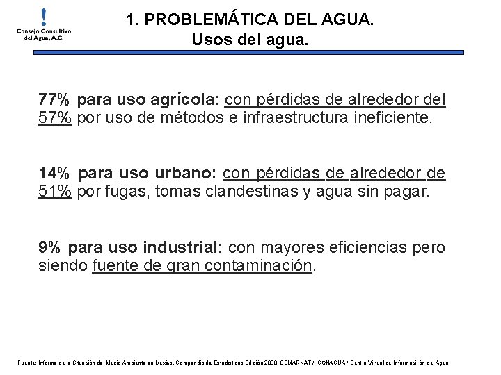 1. PROBLEMÁTICA DEL AGUA. Usos del agua. 77% para uso agrícola: con pérdidas de