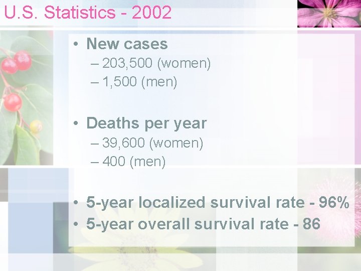 U. S. Statistics - 2002 • New cases – 203, 500 (women) – 1,