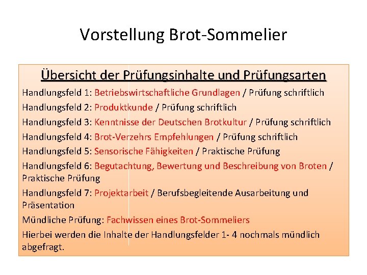 Vorstellung Brot-Sommelier Übersicht der Prüfungsinhalte und Prüfungsarten Handlungsfeld 1: Betriebswirtschaftliche Grundlagen / Prüfung schriftlich