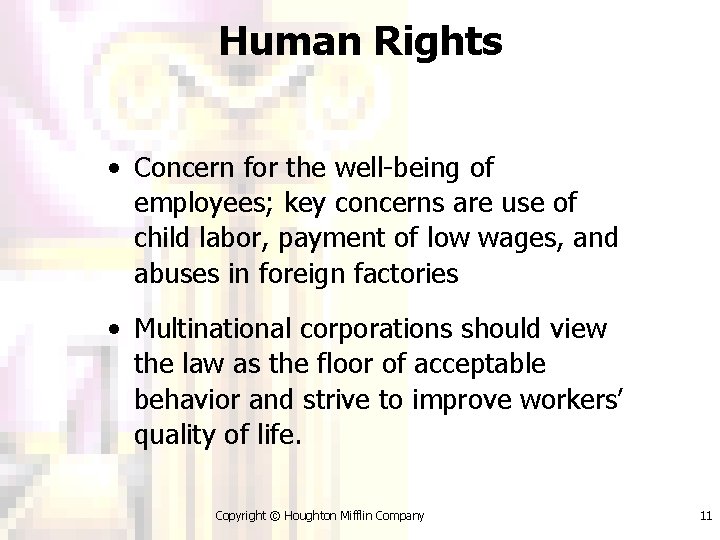 Human Rights • Concern for the well-being of employees; key concerns are use of