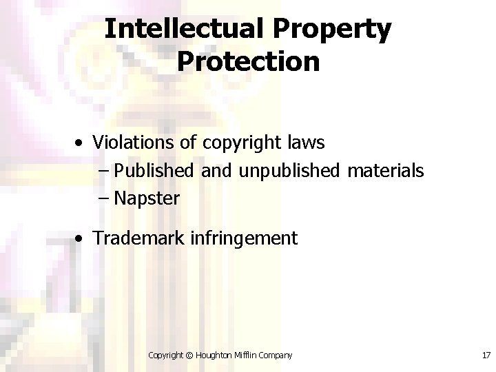 Intellectual Property Protection • Violations of copyright laws – Published and unpublished materials –