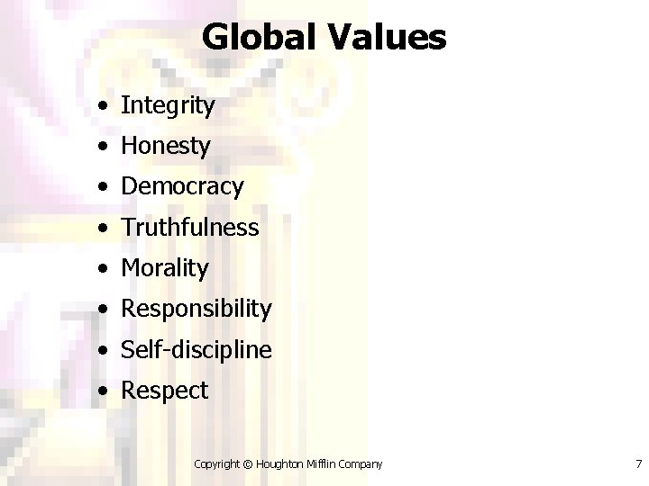 Global Values • Integrity • Honesty • Democracy • Truthfulness • Morality • Responsibility