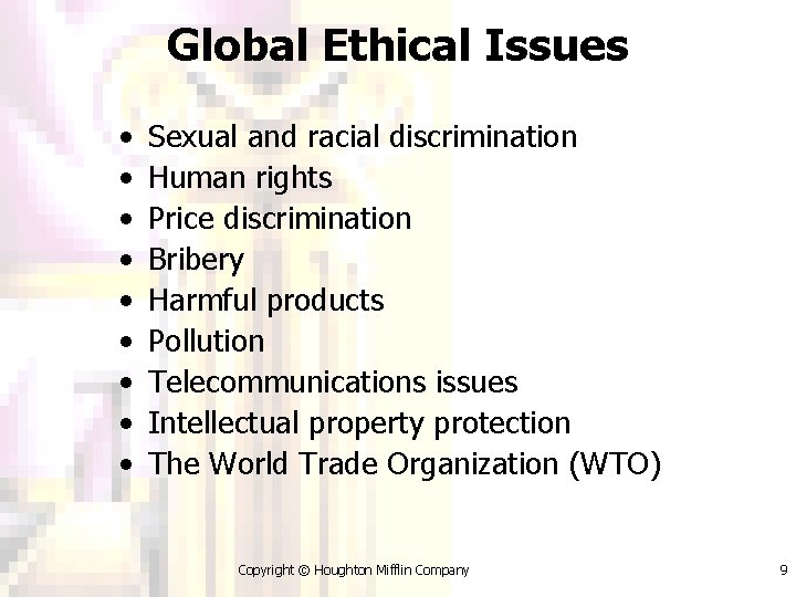 Global Ethical Issues • • • Sexual and racial discrimination Human rights Price discrimination