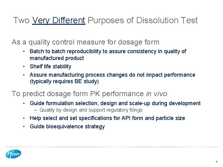 Two Very Different Purposes of Dissolution Test As a quality control measure for dosage